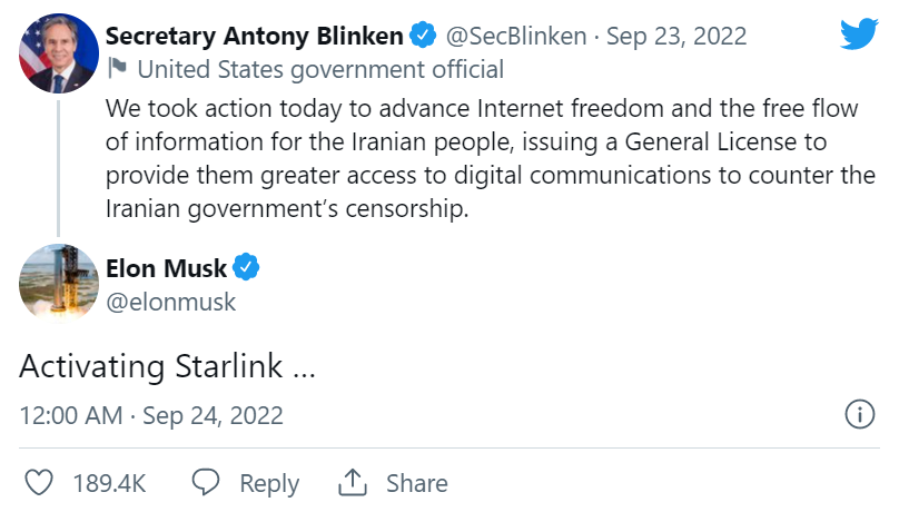Musk has deployed his satellite-based internet service - Starlink in Iran.