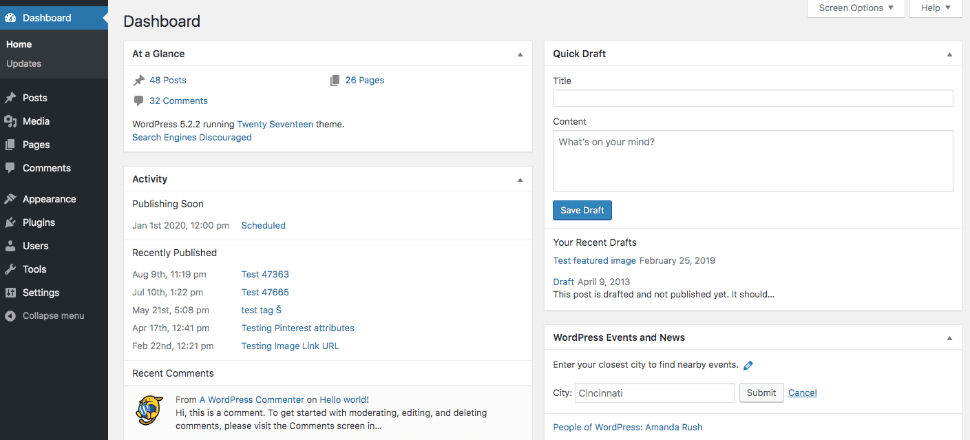 WordPress website builder dashboard