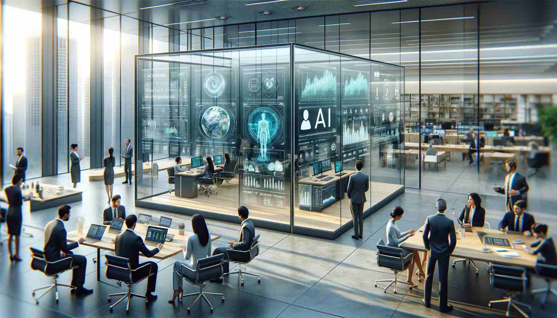 Navigating The New Business Landscape AI And Data Trends In 2024   DALLE 2024 01 05 194419 A Realistic And Modern Business Environment Depicting AI And Data Trends In 2024 The Scene Includes A High Tech Office With Large Transparent Screens 