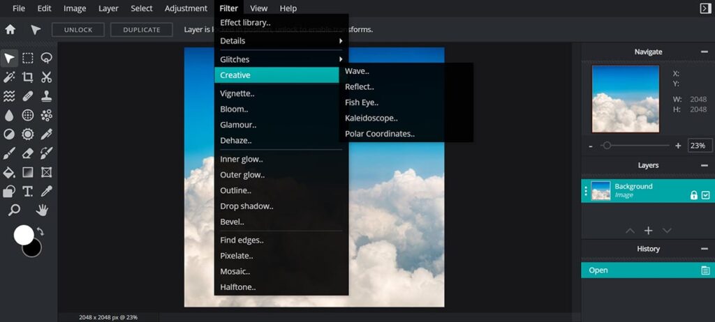 pixlr filters interface