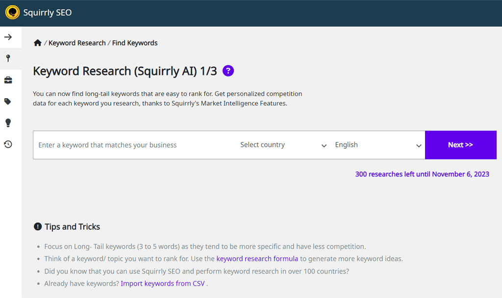 Squirrly SEO Keyword Research Interface